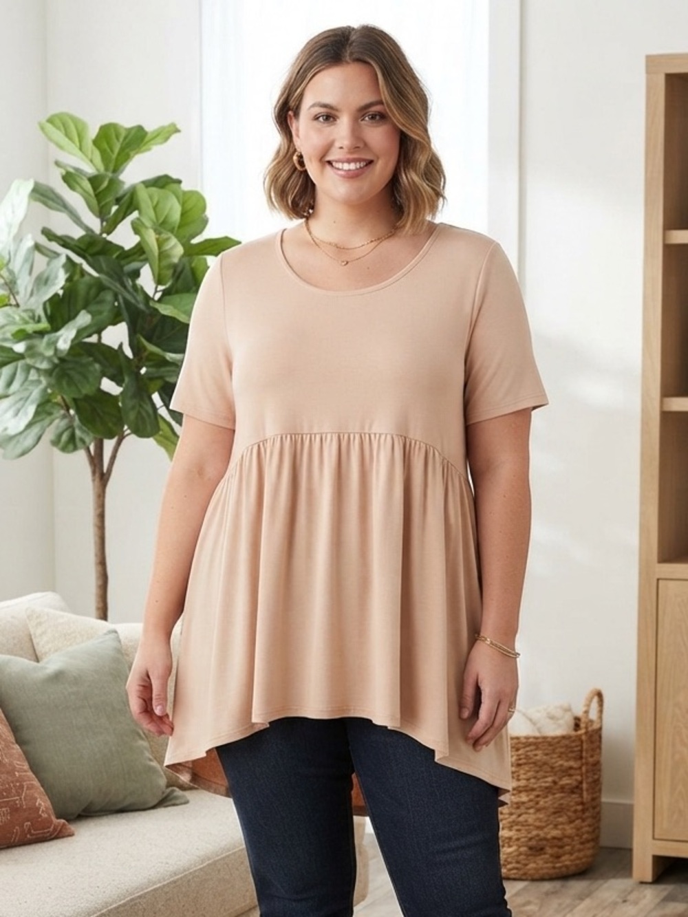Zenana Soft Peplum Short Sleeve Top - Beige